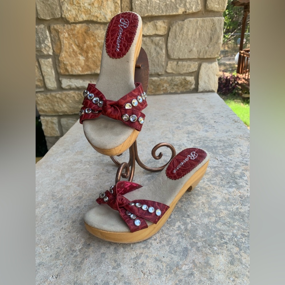 Ladies size 6 Ravianni Red leather slides with clear Swarovski Crystals .